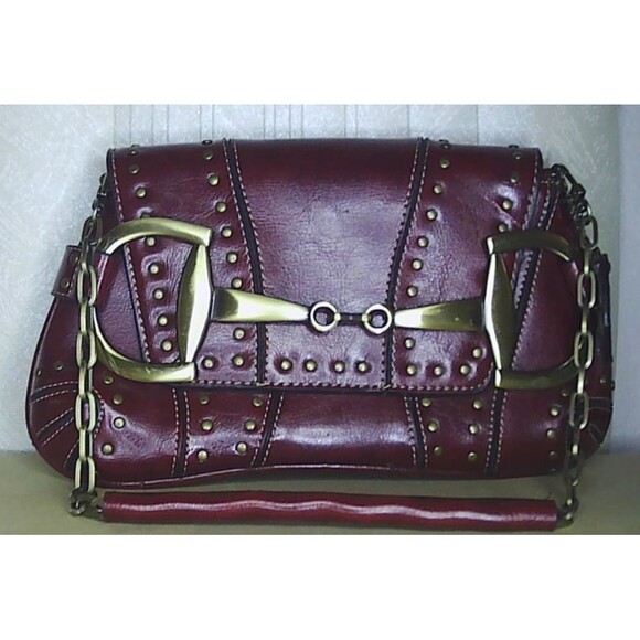RINA RICH Y2K Leather Baguette Horsebit and Studs Chain Shoulder Bag 10x1.5x6 - Picture 1 of 3